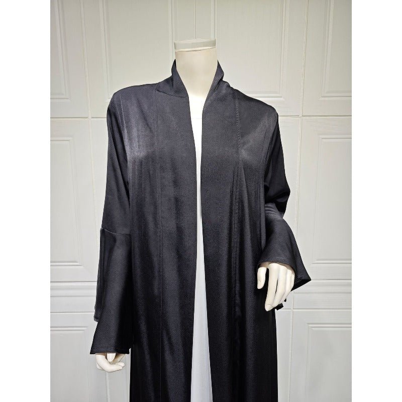 Robe Abaya Unie en Satin Doux Ouverte Devant à Manches Feuille de Lotus | Cache-Abaya Modeste Léger (MOA220)