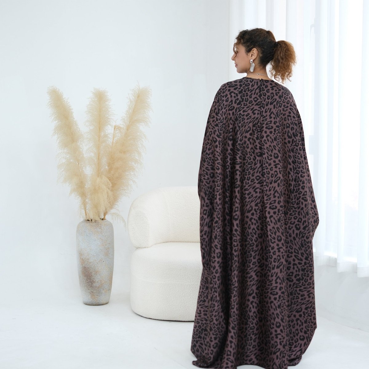 Robe Maxi Imprimé Léopard à Manches Chauve-Souris (MA450)