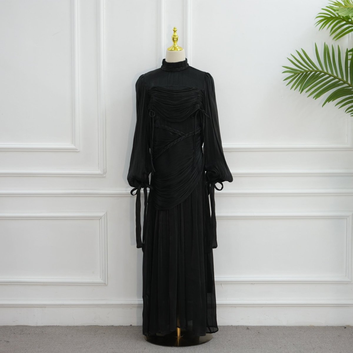 Robe Maxi à Col Tressé, Fronces et Franges (MS406)