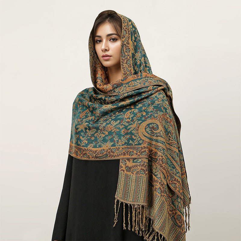 Hijab Vintage Shawl à Motif Fleur de Cajou avec Pompons (MH101)