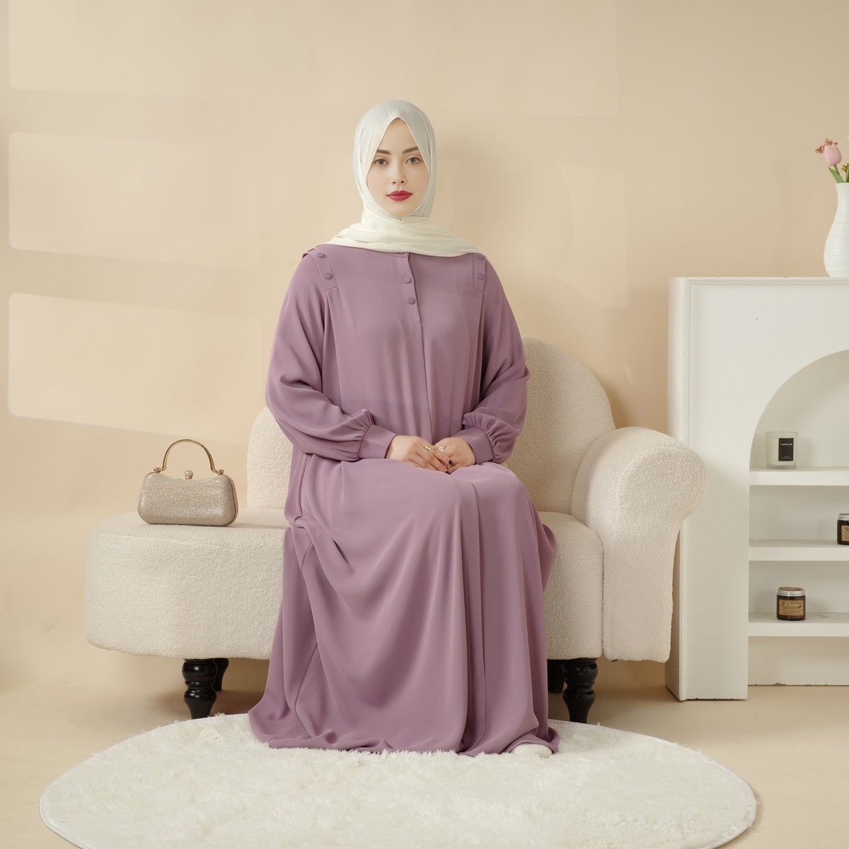 Abaya pull avec bouton à l'épaule coloris macaron (MA083)
