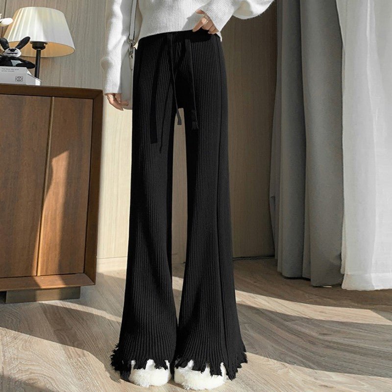 Pantalon large en maille côtelée effet effiloché | Pantalon évasé taille haute à cordon de serrage (MS164)