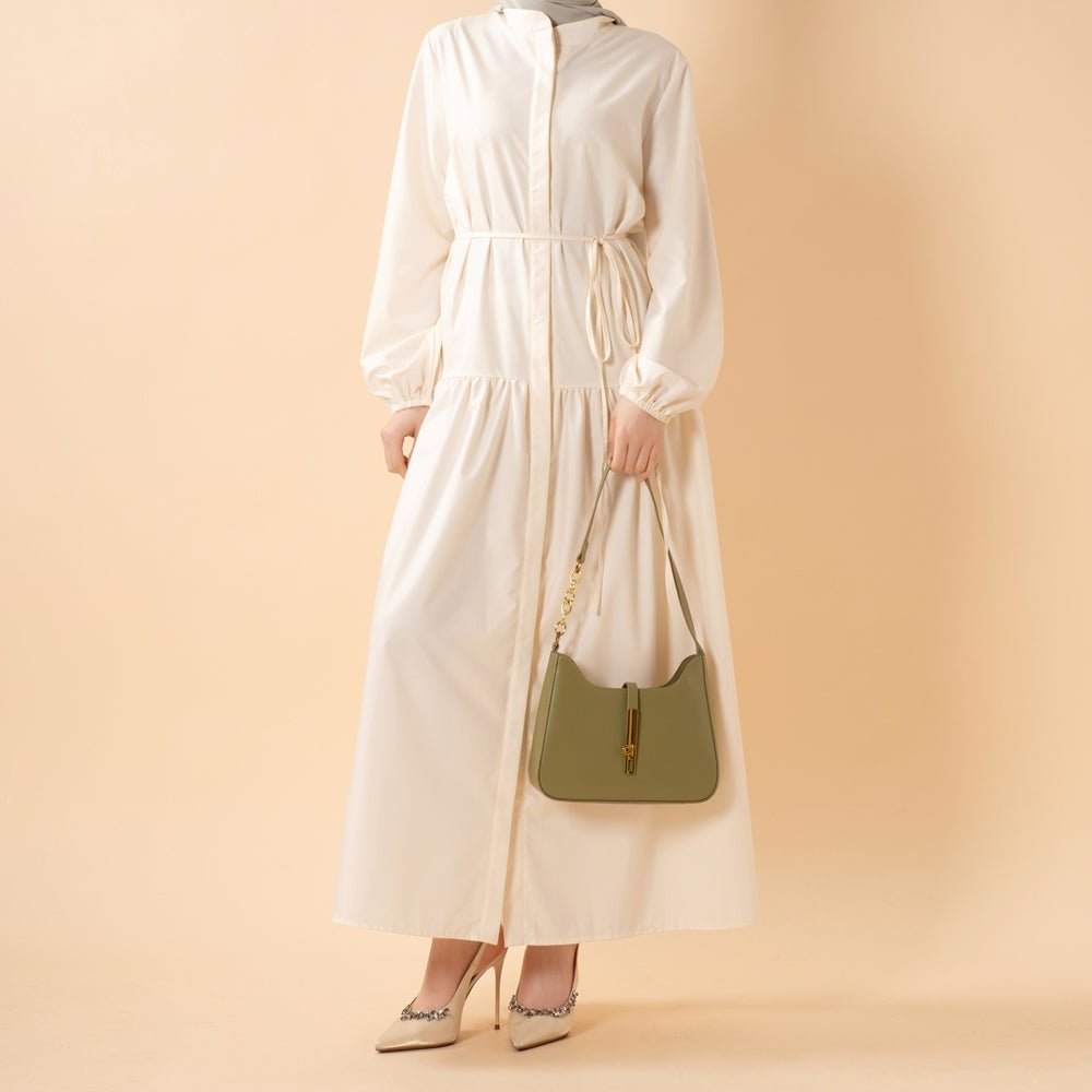 Robe Abaya Maxi Trench Cintrée en Ligne A avec Poches (MA422)