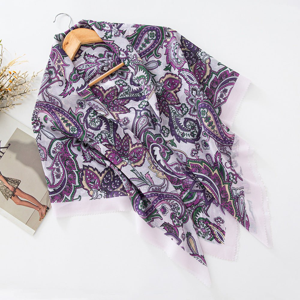 Hijab en voile MH072 à imprimé floral carré, à bordure ondulée