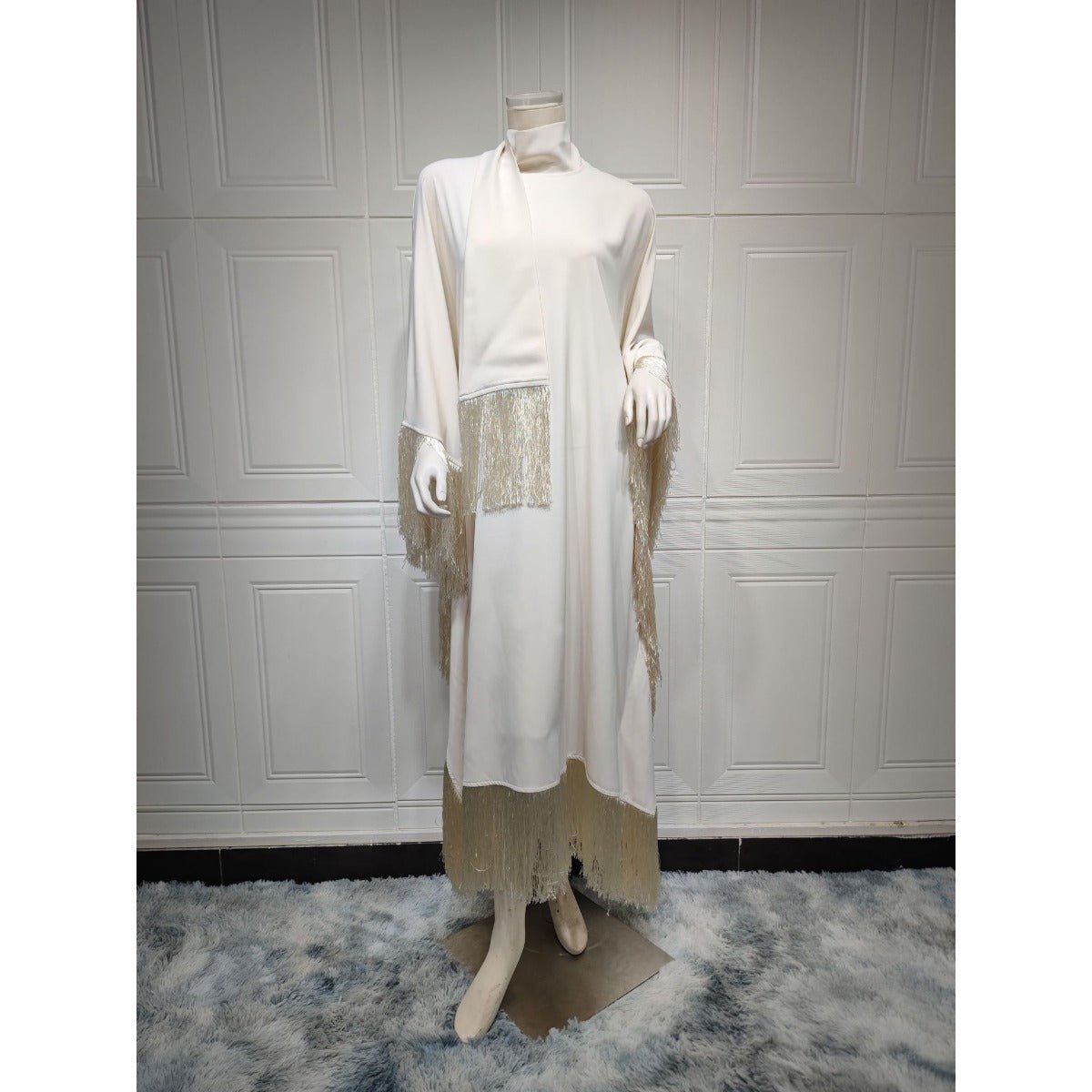 Kaftan Manches Chauve-Souris à Pompons | Robe de Soirée avec Détails Frangés Fluides (MA288)