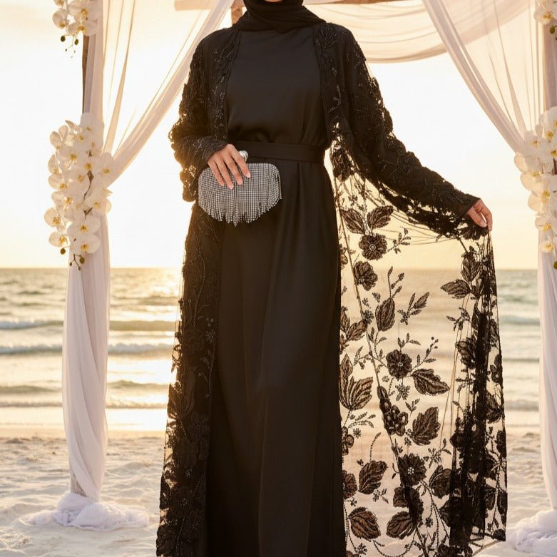 Abaya ouverte de luxe avec fleurs brodées en 3D (UKMOA300)