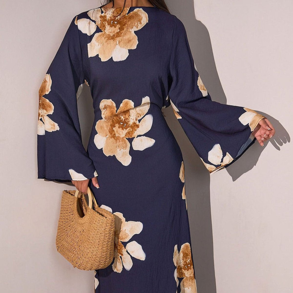 Robe Abaya Maxi à Manches Cloche Imprimé Floral (MA214)
