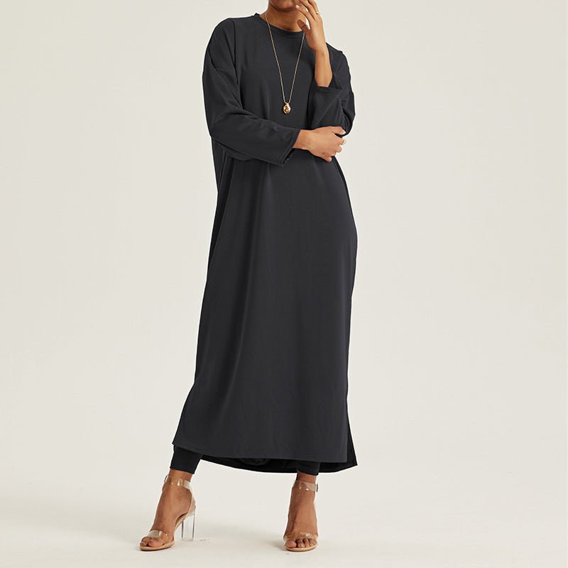 Robe Maxi à Épaules Tombantes et Col Rond - Abaya Modeste Unie avec Fentes Latérales (MA309)