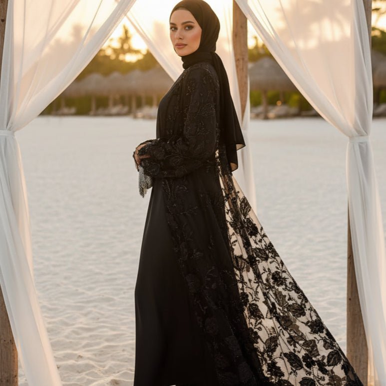 Abaya ouverte de luxe couture ornée de fleurs 3D (MOA300)