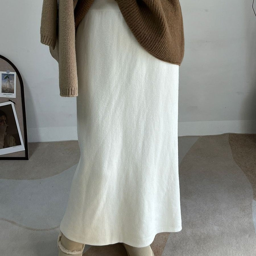Jupe midi polaire hiver | Jupe en maille chaude taille haute avec fente latérale (MS207)