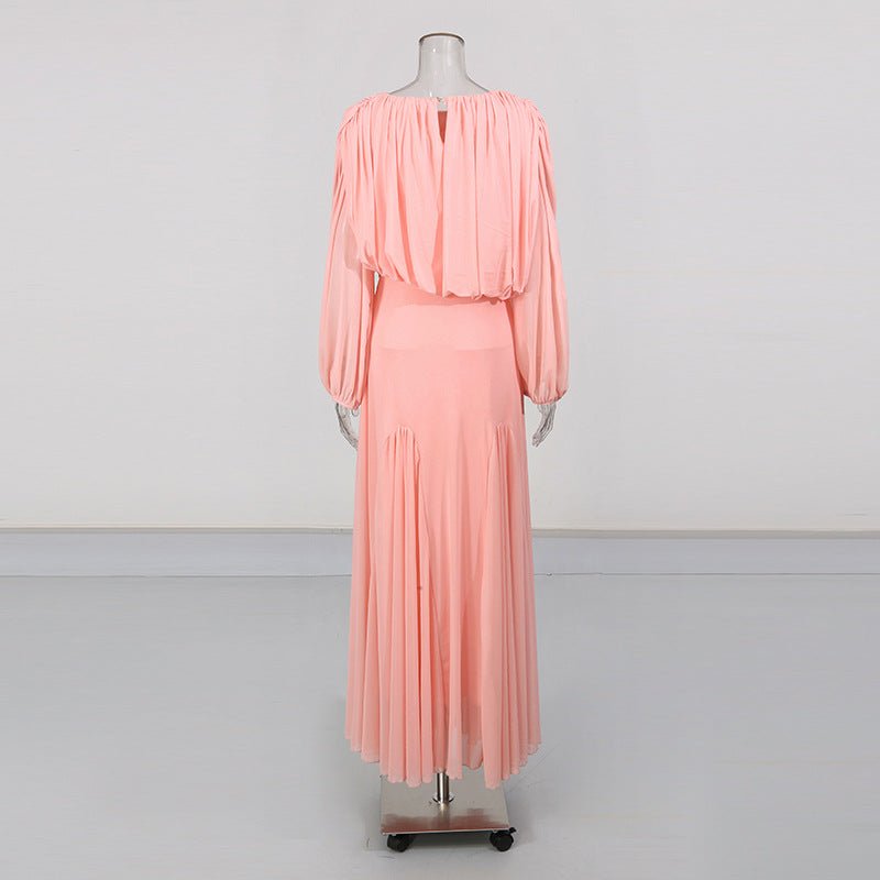 Robe longue col rond, bustier drapé et manches lanterne (MS402)
