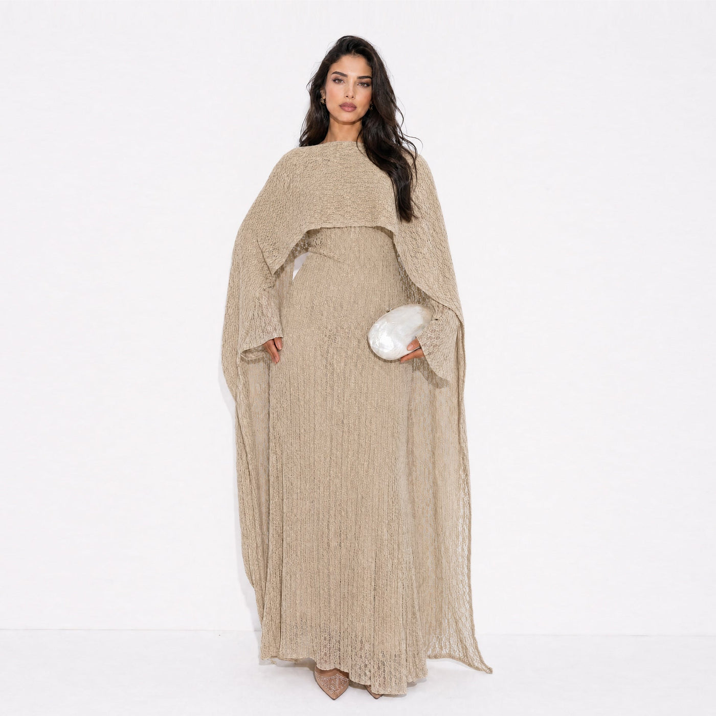 Robe Maxi Doublée à Manches Cape et Dentelle Florale Texturée (MS519)