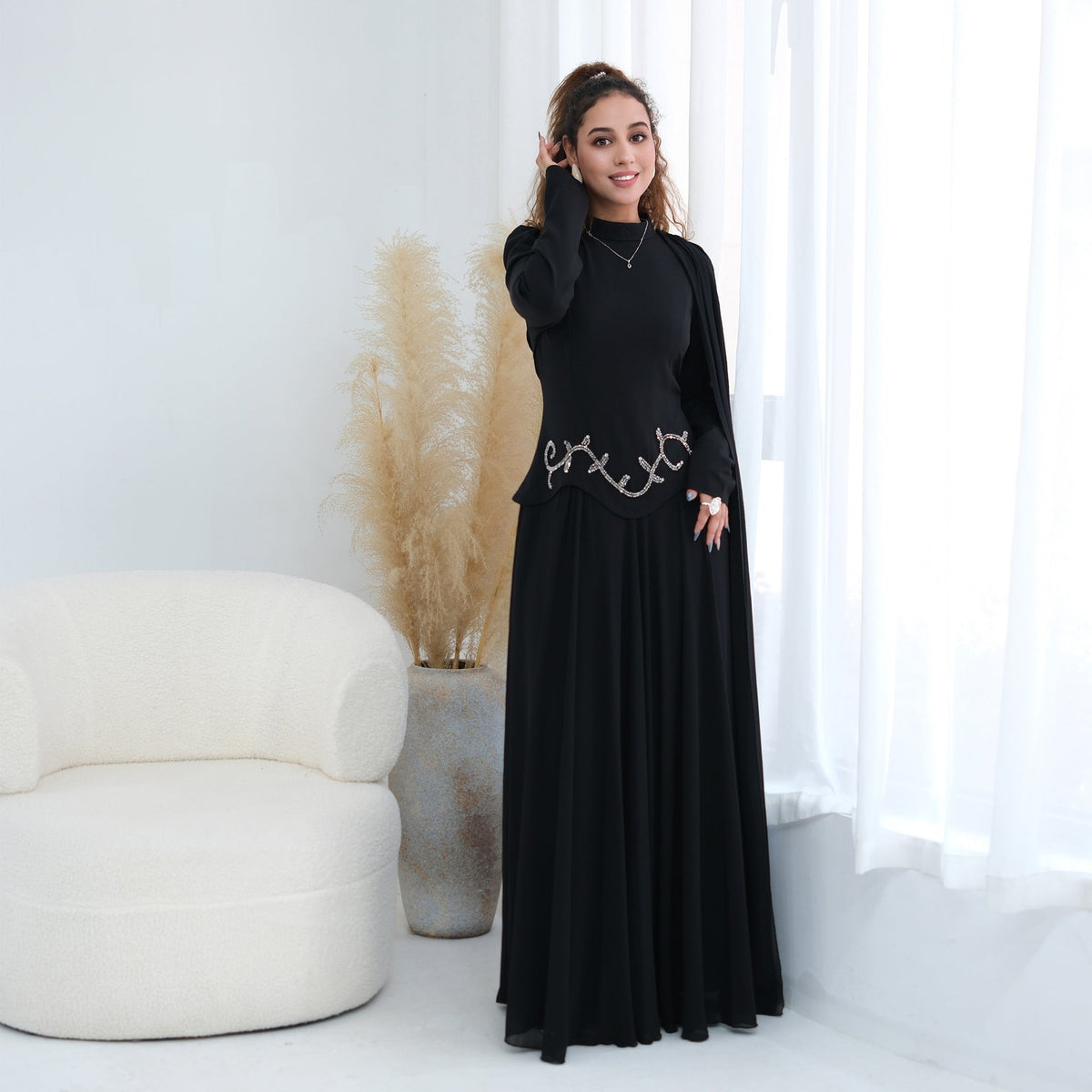 Robe Maxi Cape Sleeve à Taille Perlée(MS499)