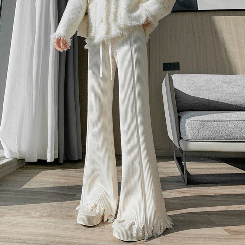 Pantalon large en maille côtelée effet effiloché | Pantalon évasé taille haute à cordon de serrage (MS164)