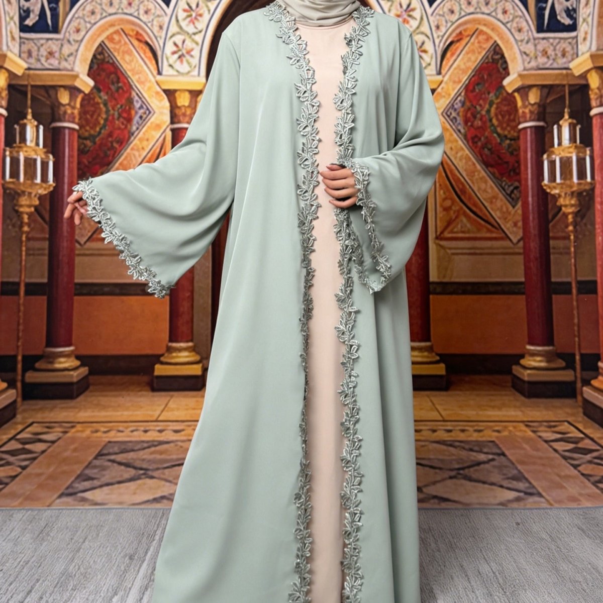 Abaya Leaf Lace Trim | Robe Maxi Ouverte Brodée et Élégante (MOA255)
