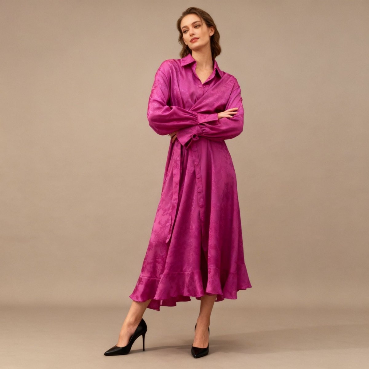 Robe Portefeuille en Jacquard Floral | Robe Maxi à Col et Manches Nouées (MS257)