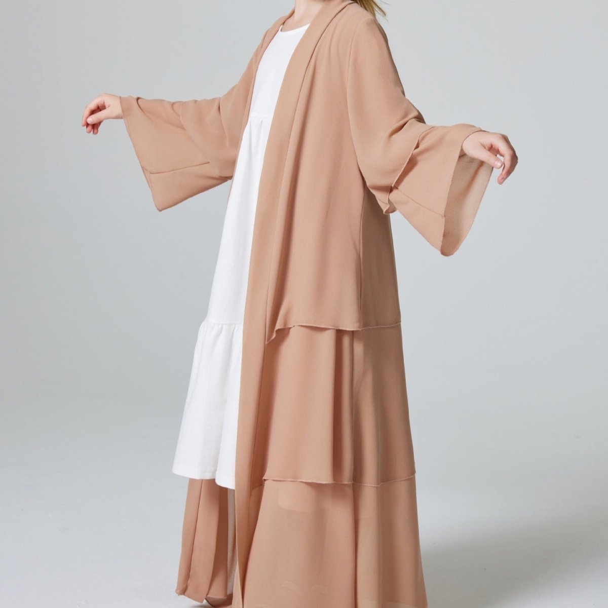 Abaya ouverte en mousseline unie 3 couches pour fillettes (MKG009)