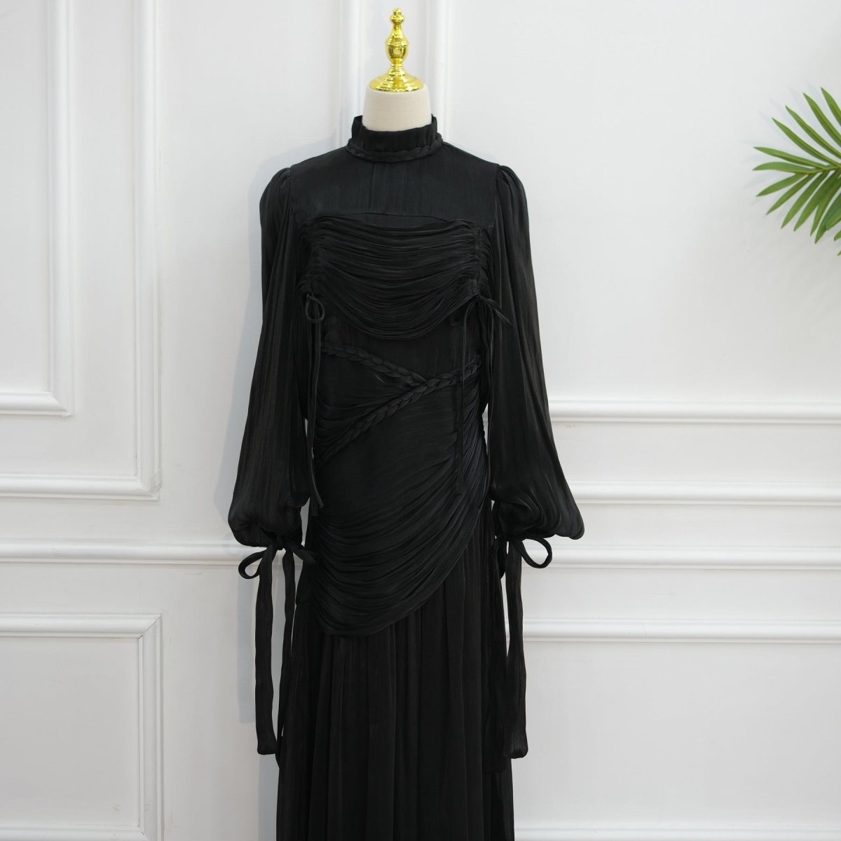 Robe Maxi à Col Tressé, Fronces et Franges (MS406)