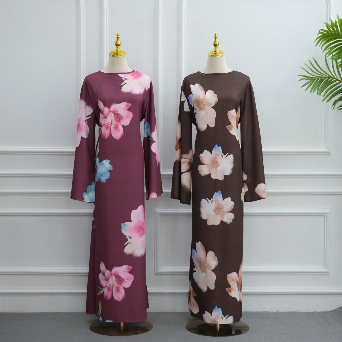 Robe Maxi à Manches Larges en Crinkle Délavé Floral Aquarelle (MS473)