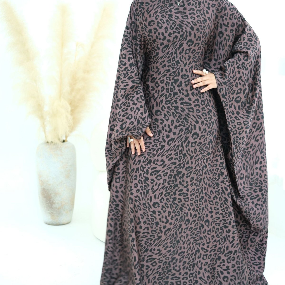 Robe Maxi Imprimé Léopard à Manches Chauve-Souris (MA450)