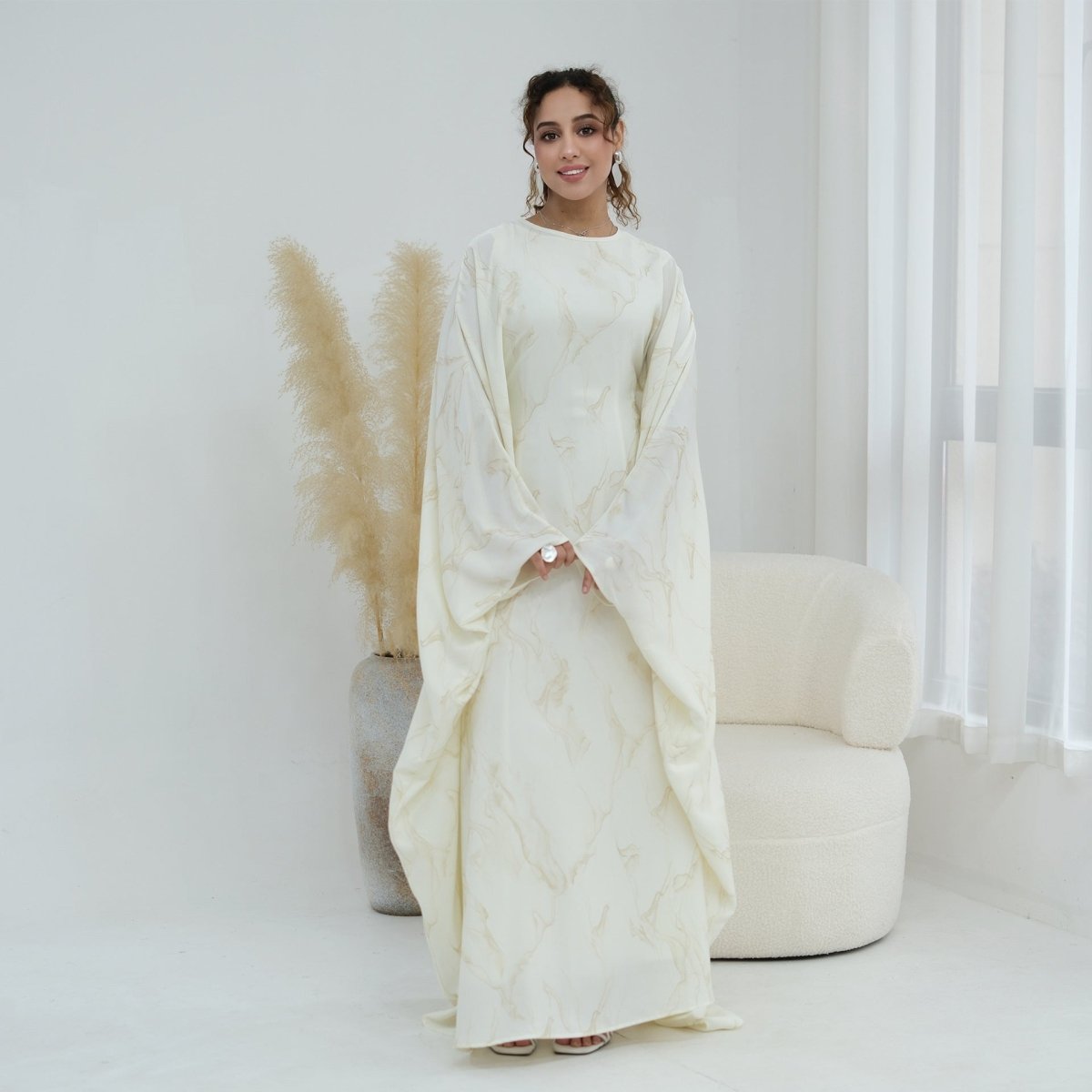 Robe Longue Imprimée à Manches Chauve-Souris (MA446)