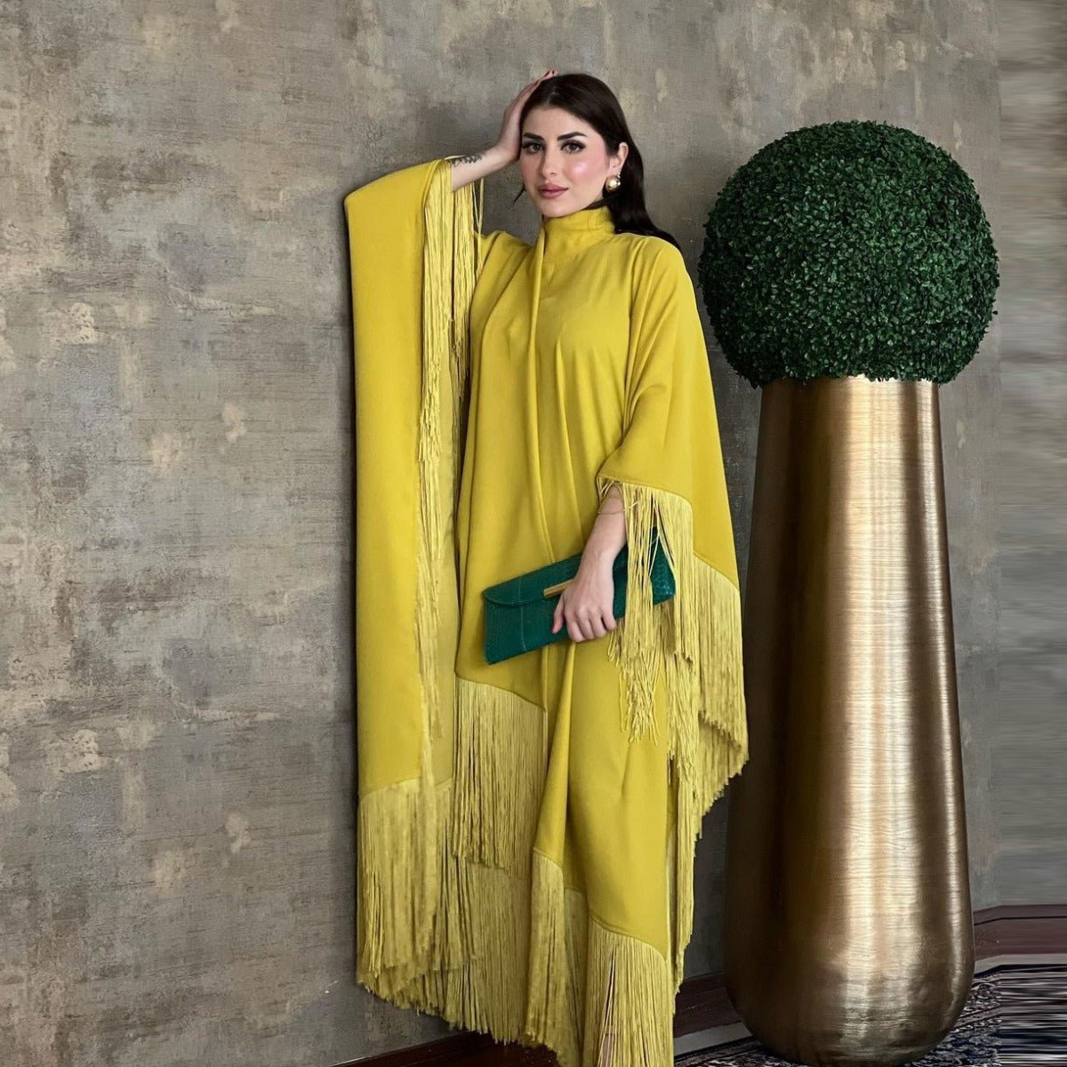 Kaftan Manches Chauve-Souris à Pompons | Robe de Soirée avec Détails Frangés Fluides (MA288)