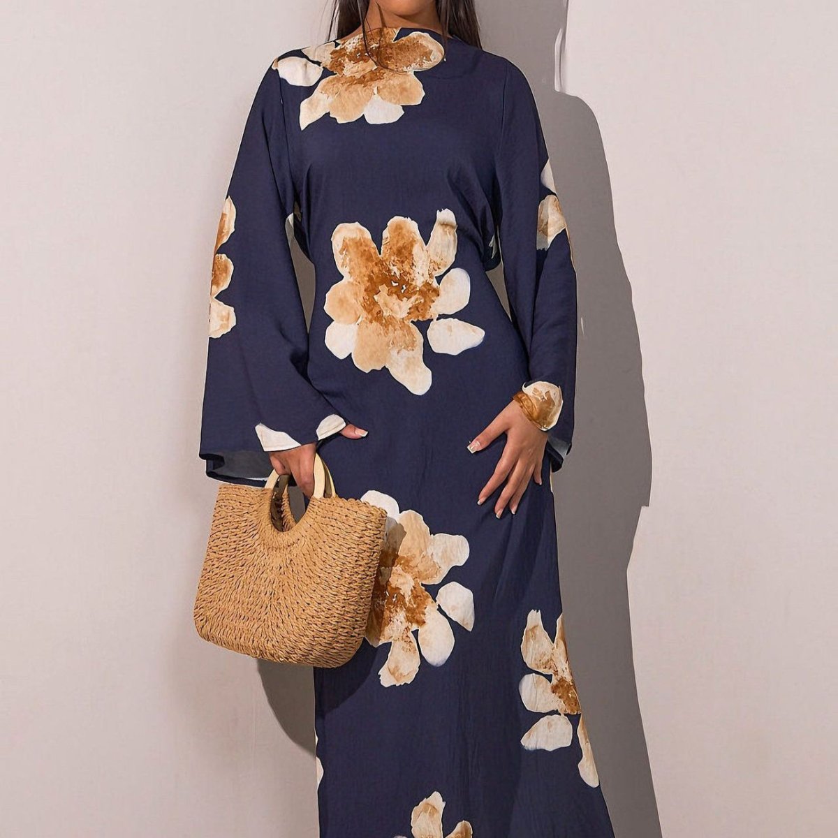 Robe Abaya Maxi à Manches Cloche Imprimé Floral (MA214)
