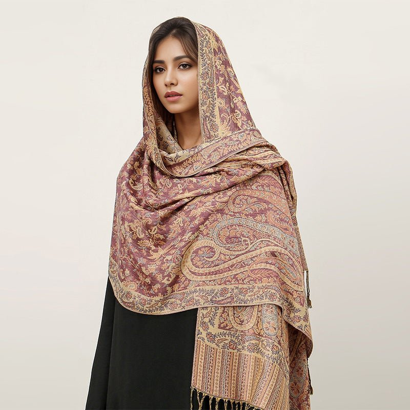 Hijab Vintage Shawl à Motif Fleur de Cajou avec Pompons (MH101)