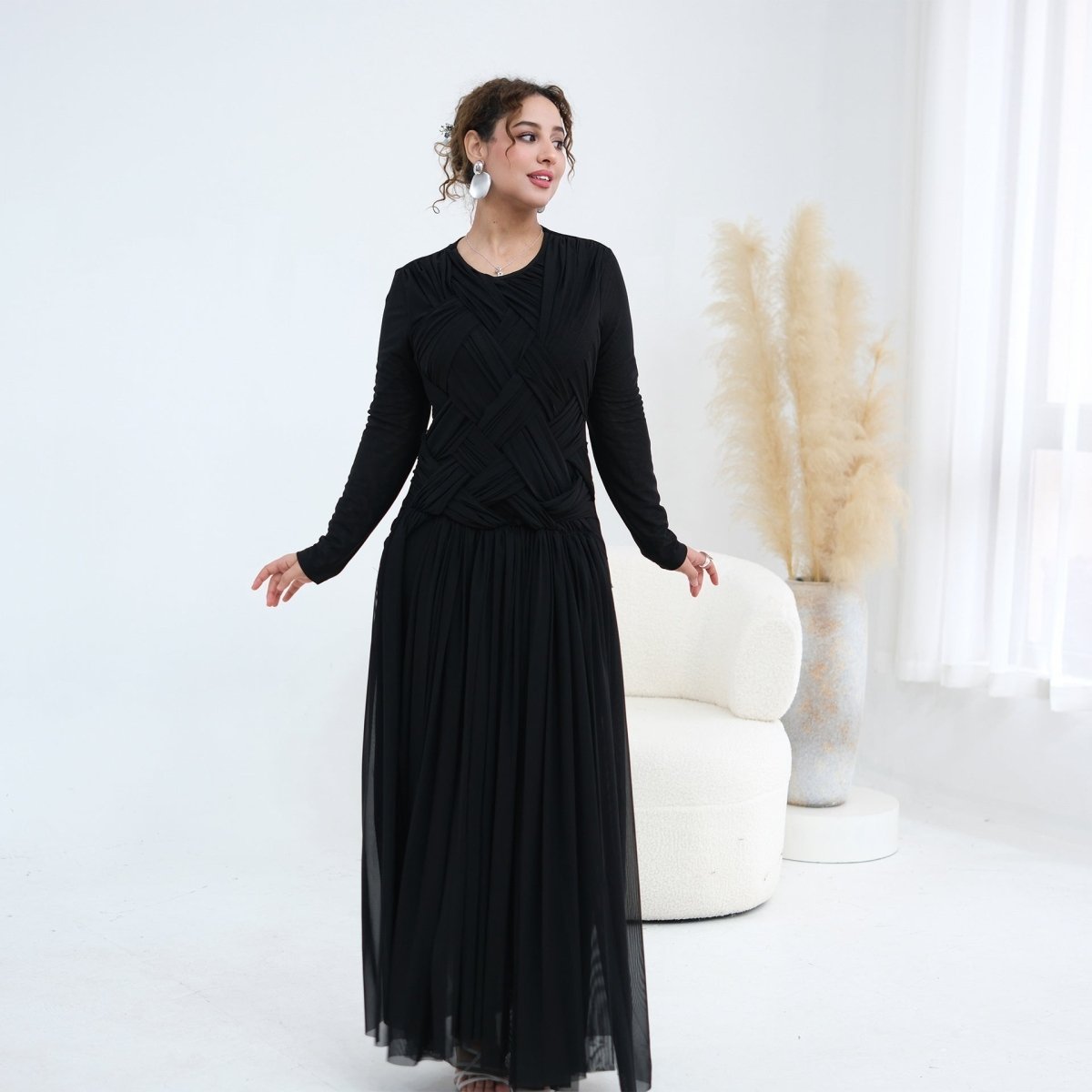 Robe longue en tulle avec bustier tressé à brides croisées (MS454)
