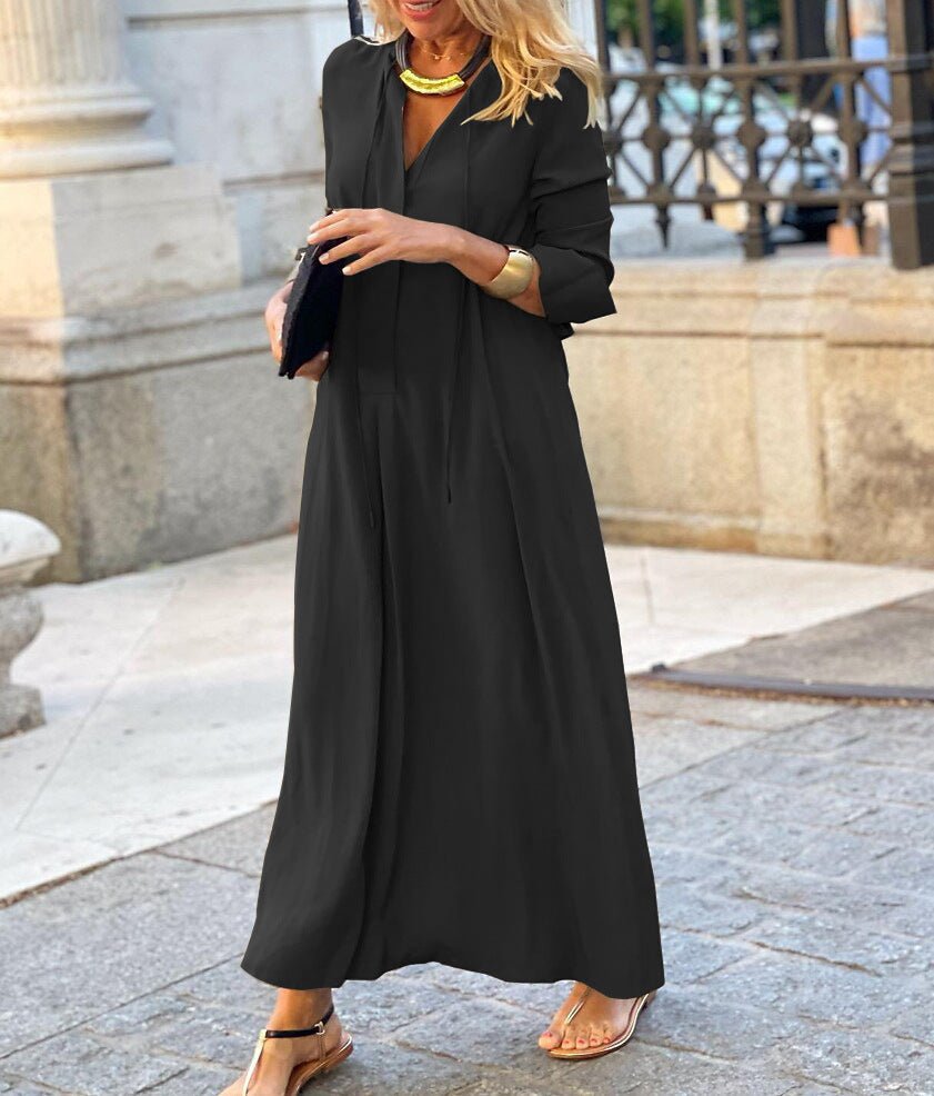 Robe Maxi Élégante à Col en V avec Cordon de Serrage | Tenue Modeste Contemporaine (MS121)