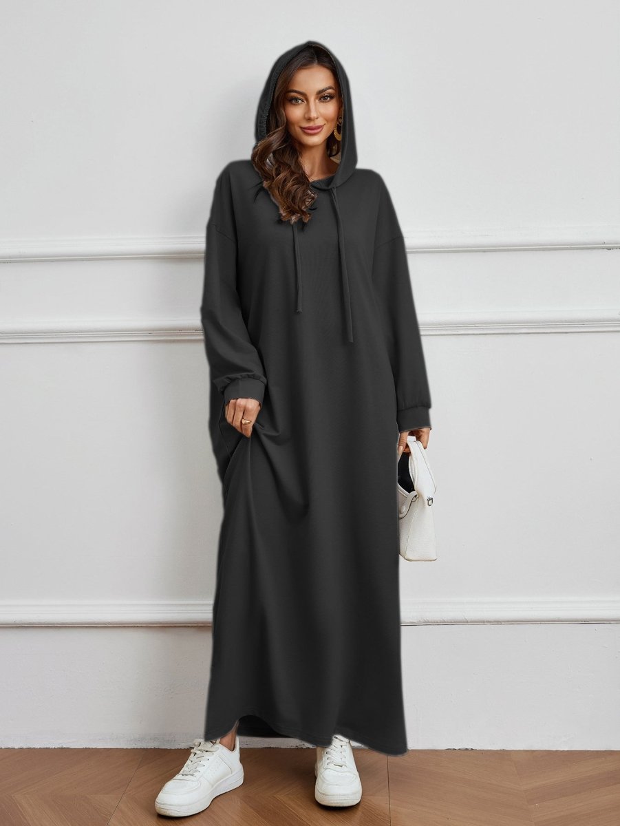 Robe Décontractée à Capuche avec Poche, Couleur Unie - Robe d'Intérieur Pudique à Manches Longues avec Capuche à Cordon (MA282)