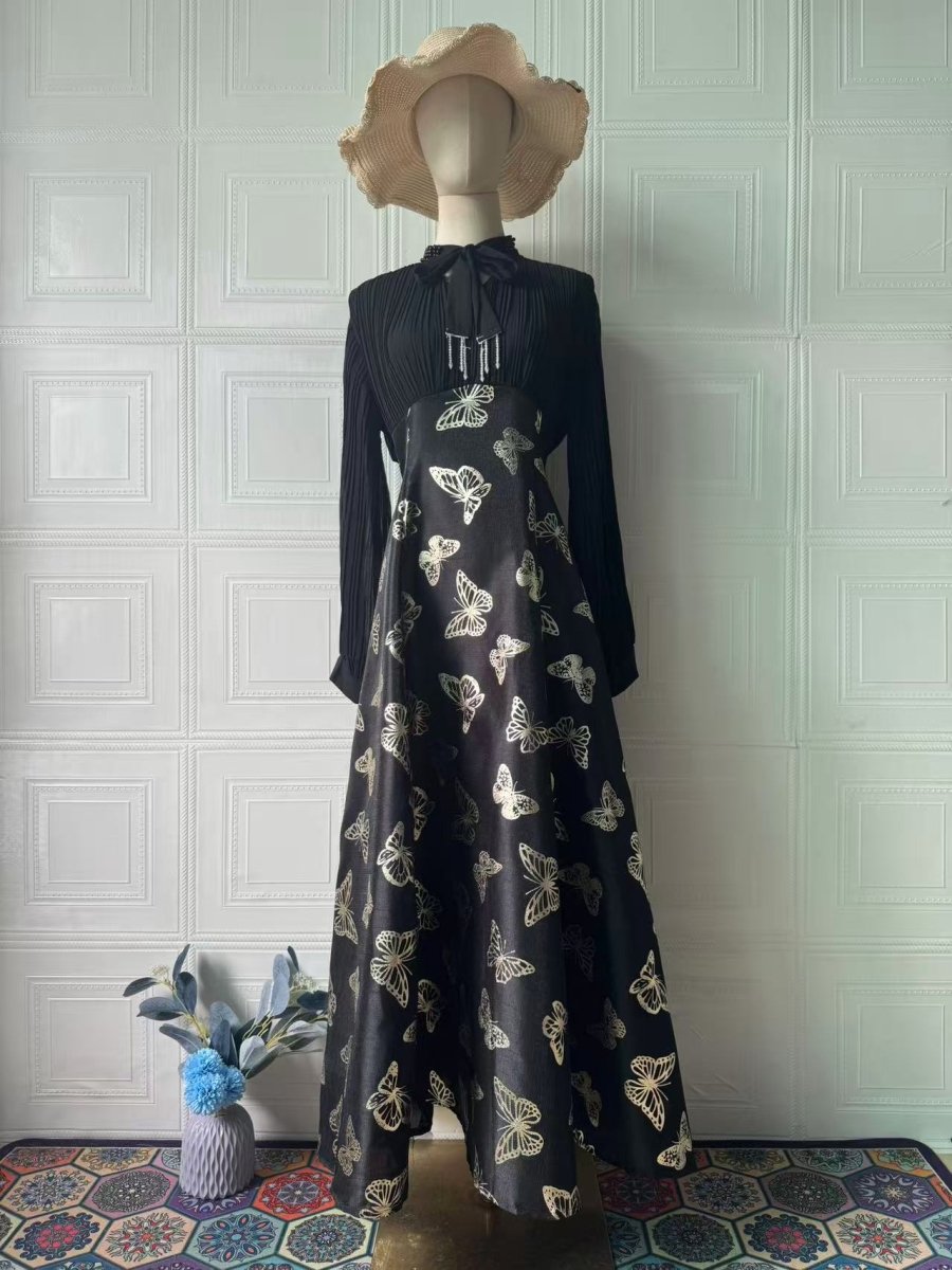 Robe Maxi Élégante à Manches Longues, Abaya à Motif Papillon / Robe Longue (MA219)