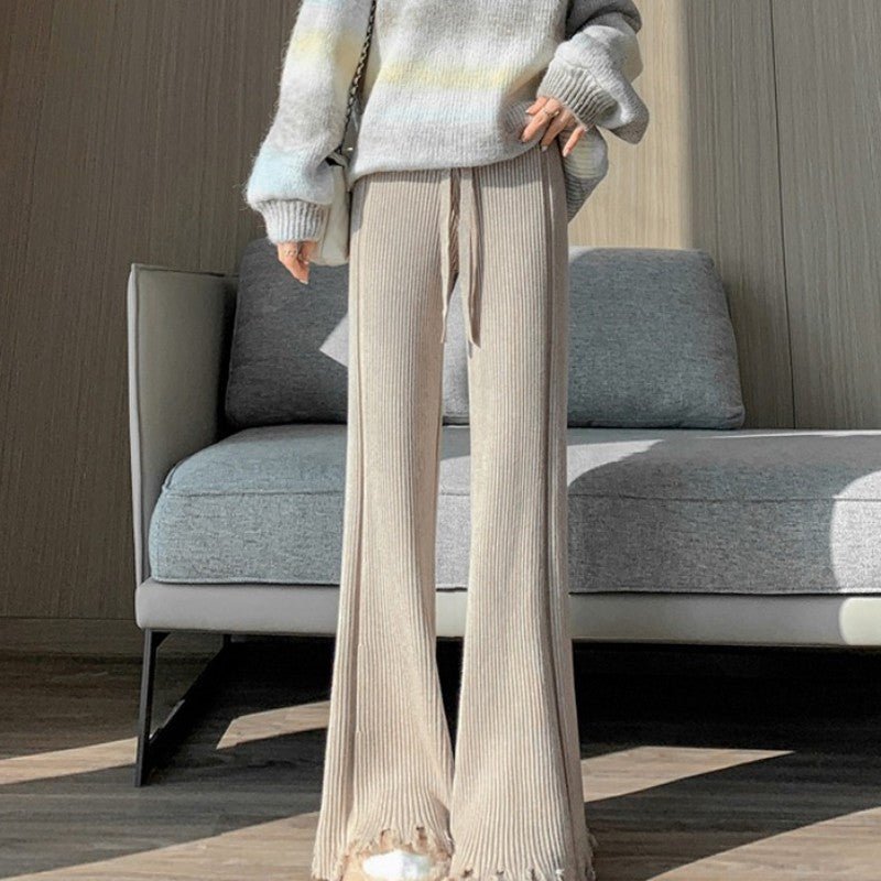 Pantalon large en maille côtelée effet effiloché | Pantalon évasé taille haute à cordon de serrage (MS164)
