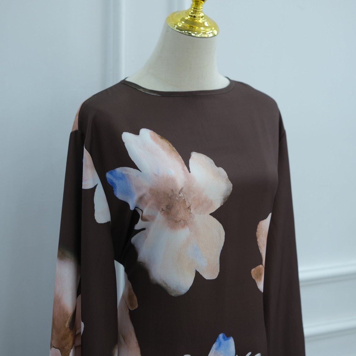 Robe Maxi à Manches Larges en Crinkle Délavé Floral Aquarelle (MS473)
