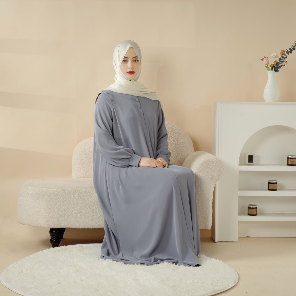 Abaya Pull Boutonnée à l'Épaule Coloris Macaron (UKMA083)
