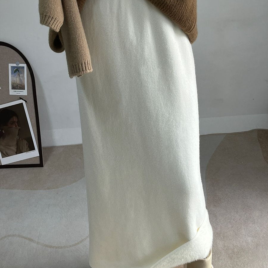 Jupe midi polaire hiver | Jupe en maille chaude taille haute avec fente latérale (MS207)