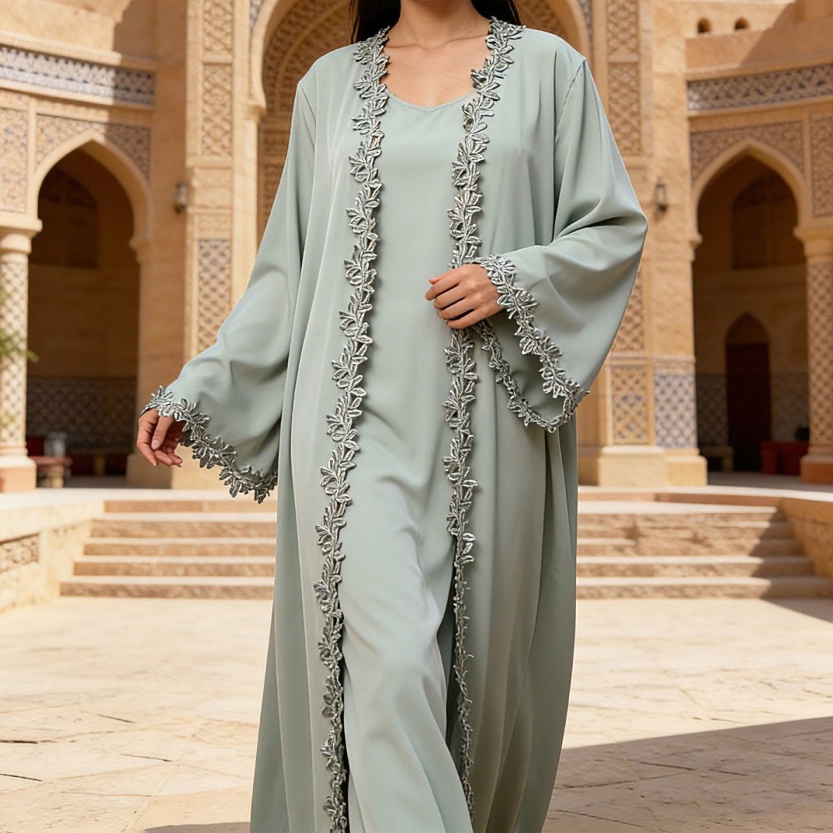 Abaya Leaf Lace Trim | Robe Maxi Ouverte Brodée et Élégante (MOA255)