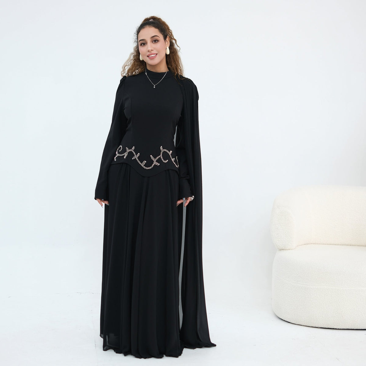 Robe Maxi Cape Sleeve à Taille Perlée(MS499)
