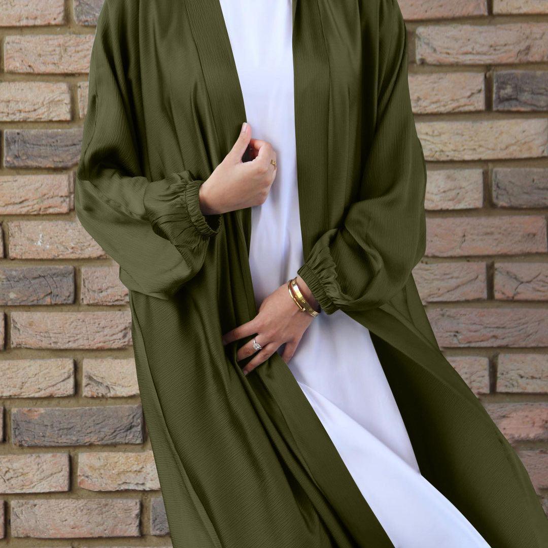 Abaya Ouverte en Satin à Manches Froncées (MOA048)