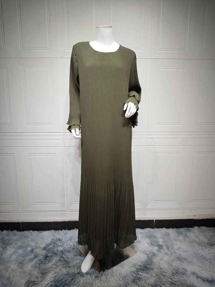 Robe Abaya élégante en mousseline plissée pour femmes musulmanes, coupe pull-over modeste, coloris uni, avec manches évasées (MA176)