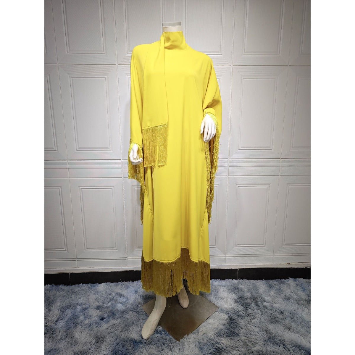 Kaftan Manches Chauve-Souris à Pompons | Robe de Soirée avec Détails Frangés Fluides (MA288)