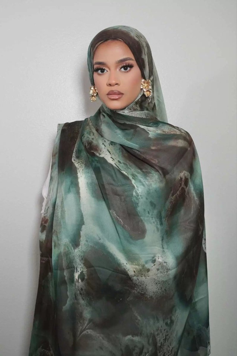 Foulard Hijab Imprimé Luxueux Aspect Soie | Grand Hijab Rectangulaire 180x85cm (MH146)