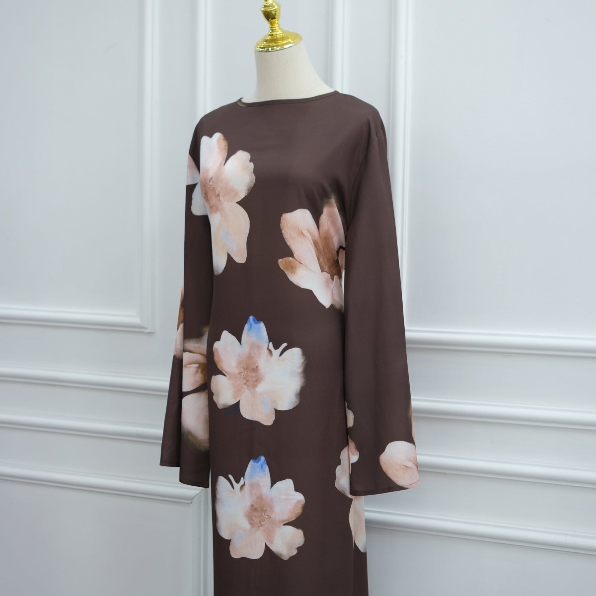 Robe Maxi à Manches Larges en Crinkle Délavé Floral Aquarelle (MS473)