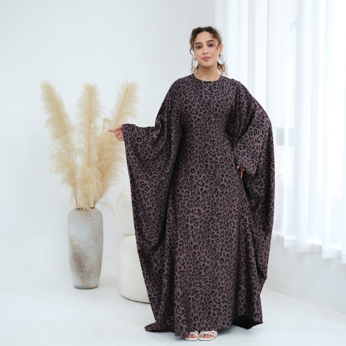 Robe Maxi Imprimé Léopard à Manches Chauve-Souris (MA450)