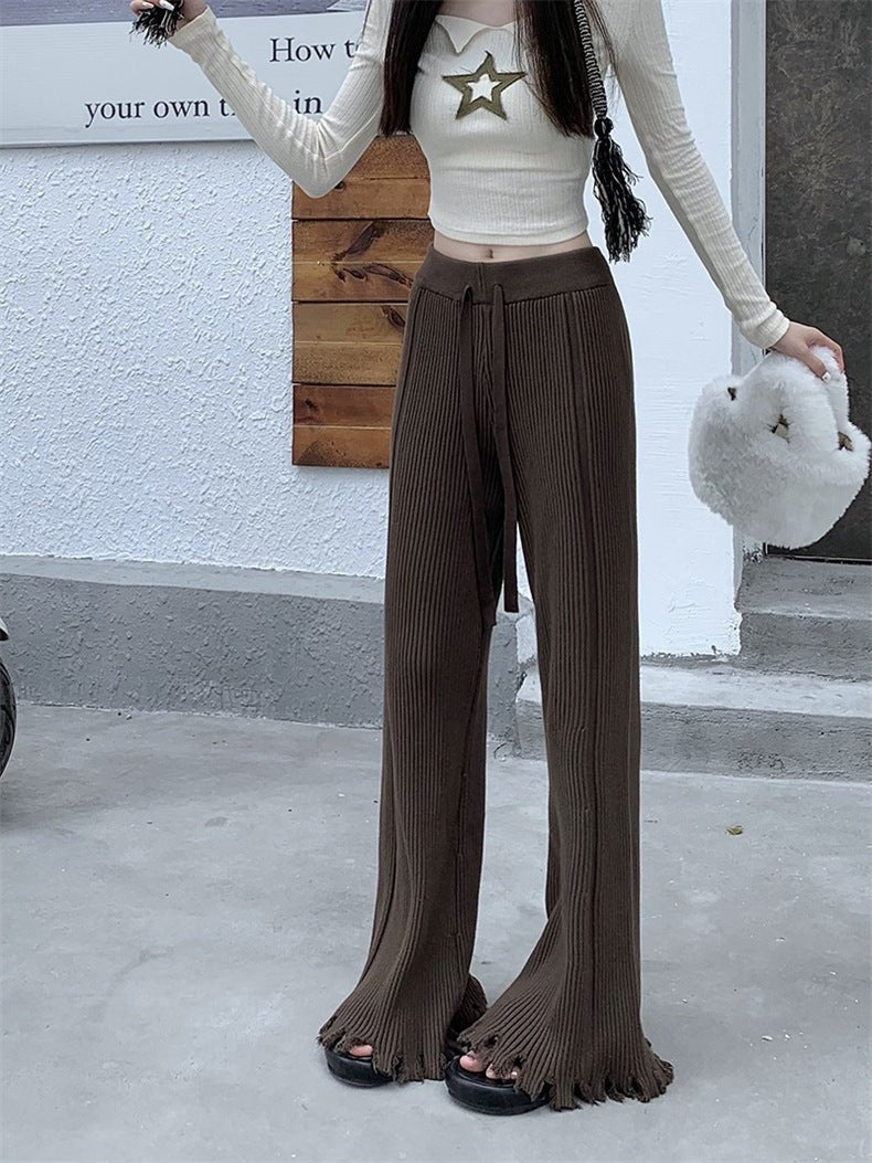 Pantalon large en maille côtelée effet effiloché | Pantalon évasé taille haute à cordon de serrage (MS164)