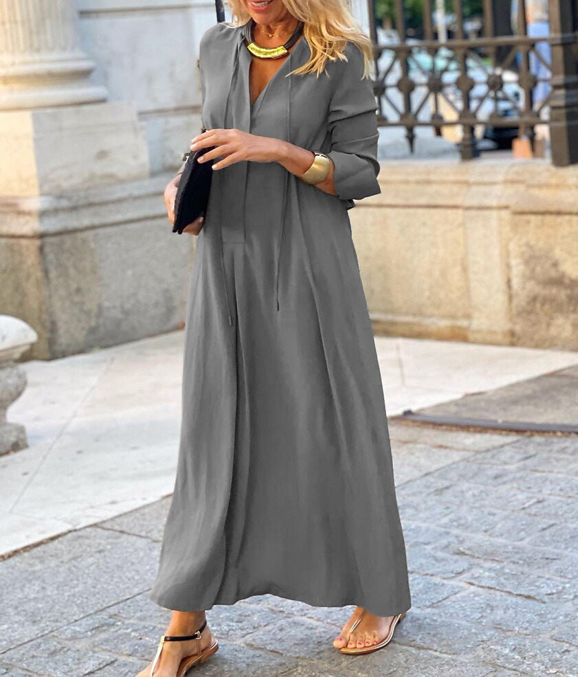 Robe Maxi Élégante à Col en V avec Cordon de Serrage | Tenue Modeste Contemporaine (MS121)