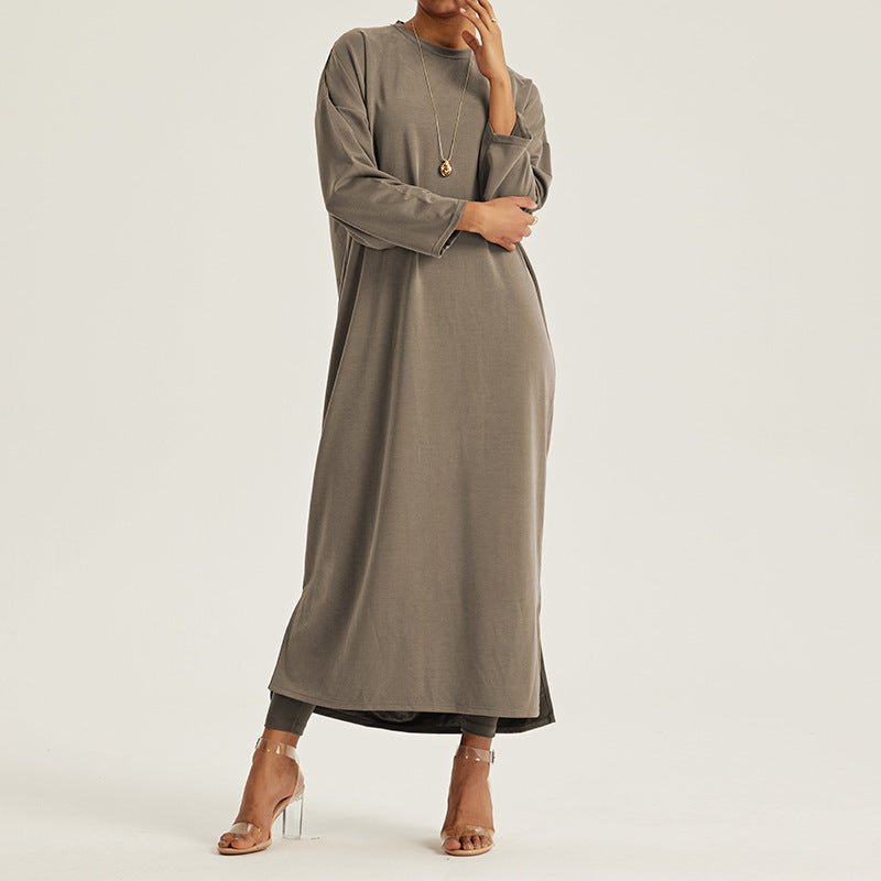 Robe Maxi à Épaules Tombantes et Col Rond - Abaya Modeste Unie avec Fentes Latérales (MA309)