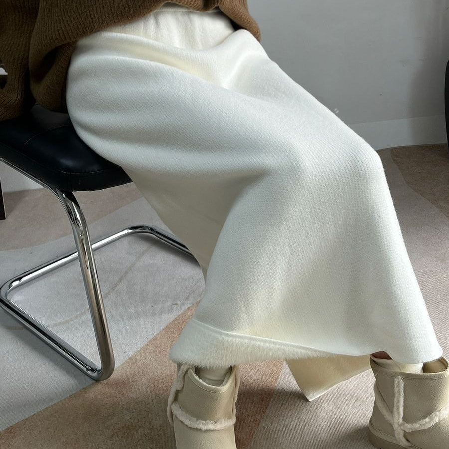 Jupe midi polaire hiver | Jupe en maille chaude taille haute avec fente latérale (MS207)