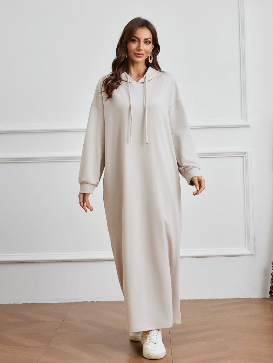 Robe Décontractée à Capuche avec Poche, Couleur Unie - Robe d'Intérieur Pudique à Manches Longues avec Capuche à Cordon (MA282)
