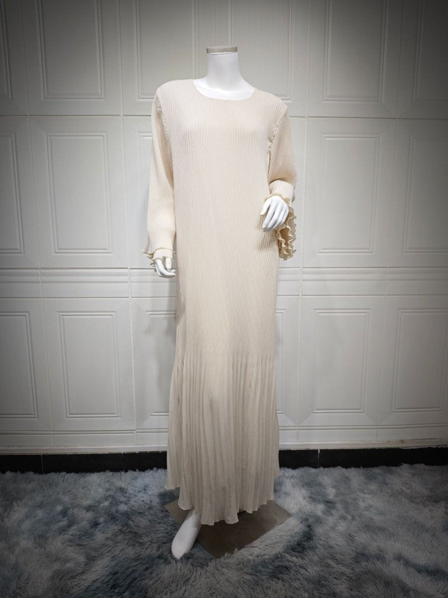 Robe Abaya élégante en mousseline plissée pour femmes musulmanes, coupe pull-over modeste, coloris uni, avec manches évasées (MA176)